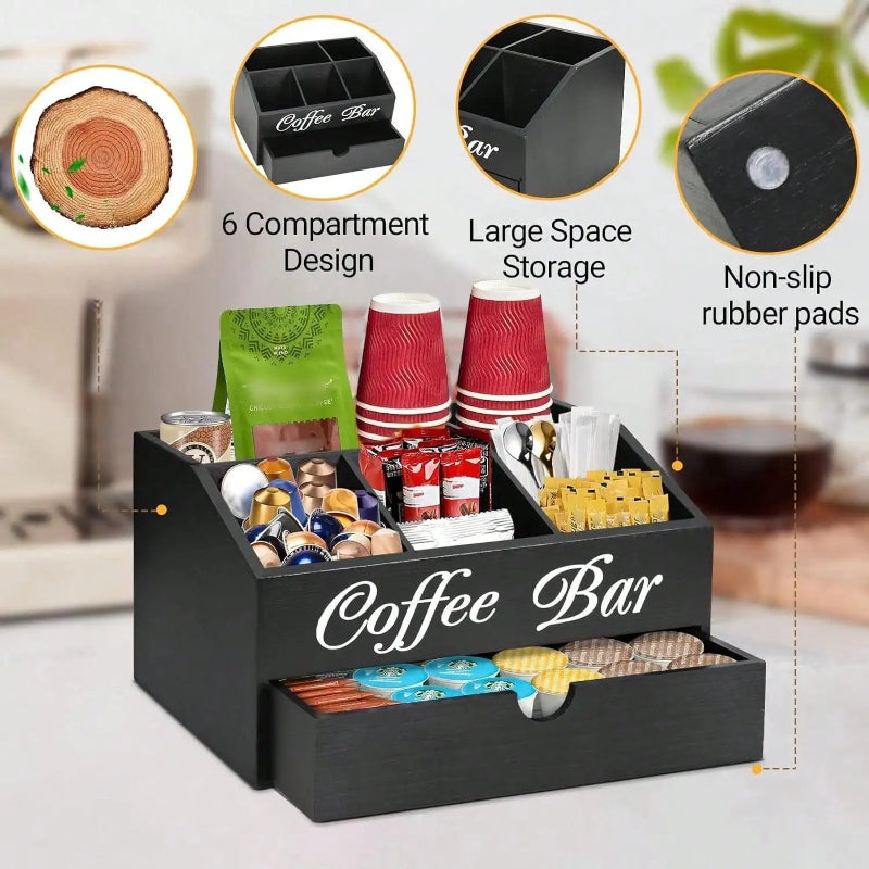 Farmhouse coffee organizer designed for kitchen countertops.