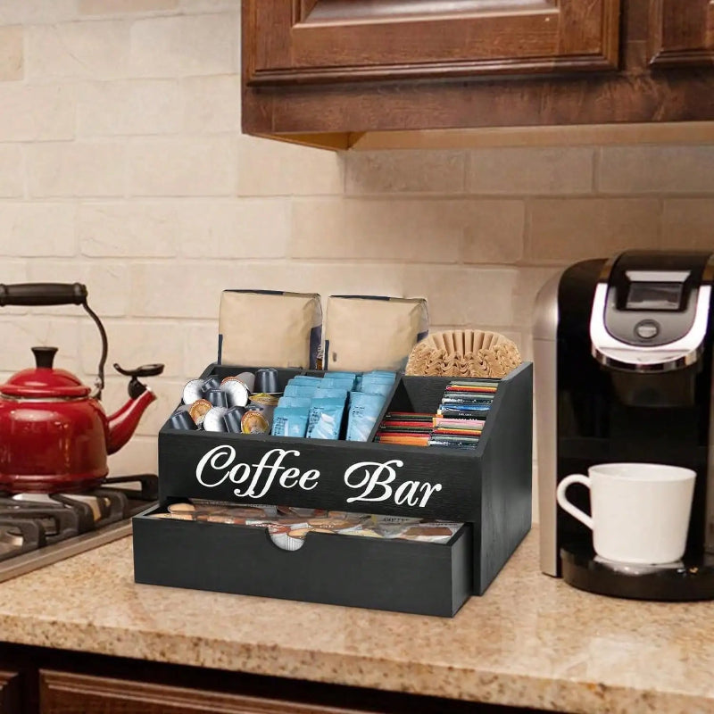 Coffee bar storage box with a convenient pull-out drawer.