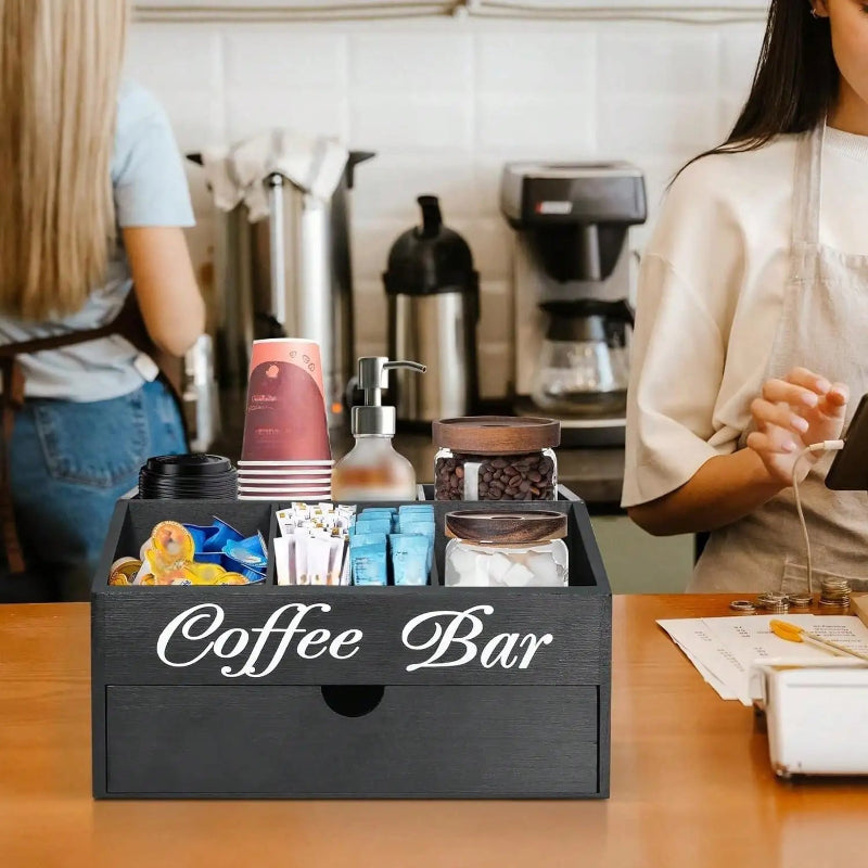 Rustic coffee station organizer for coffee pods and accessories.