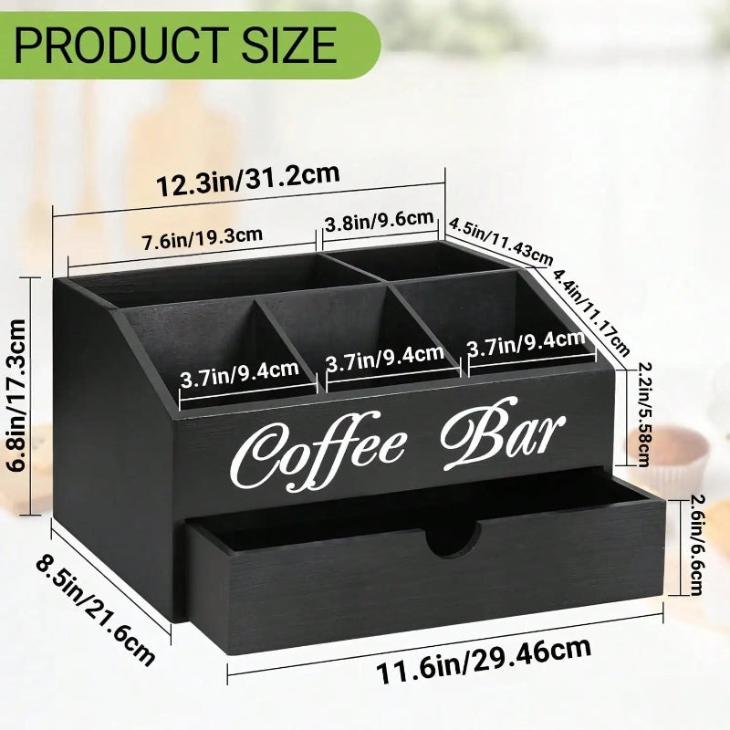 Wooden countertop organizer for home coffee stations.