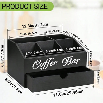 Wooden countertop organizer for home coffee stations.