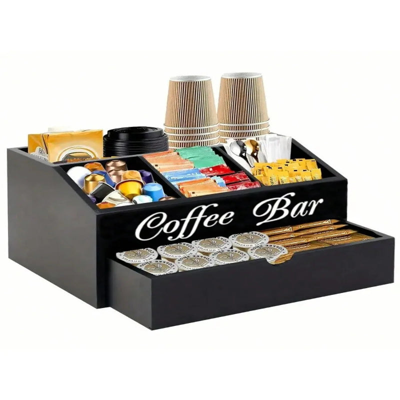 Farmhouse coffee organizer for storing tea bags and sweeteners.
