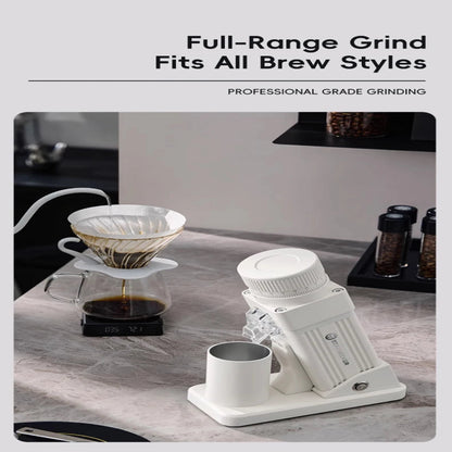 Compact electric burr coffee grinder with premium aluminum housing.