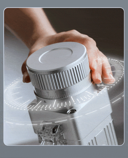 Home barista coffee grinder with titanium conical burr technology.