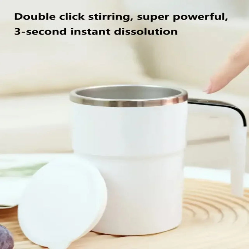 White electric milk frother with text on a neutral background