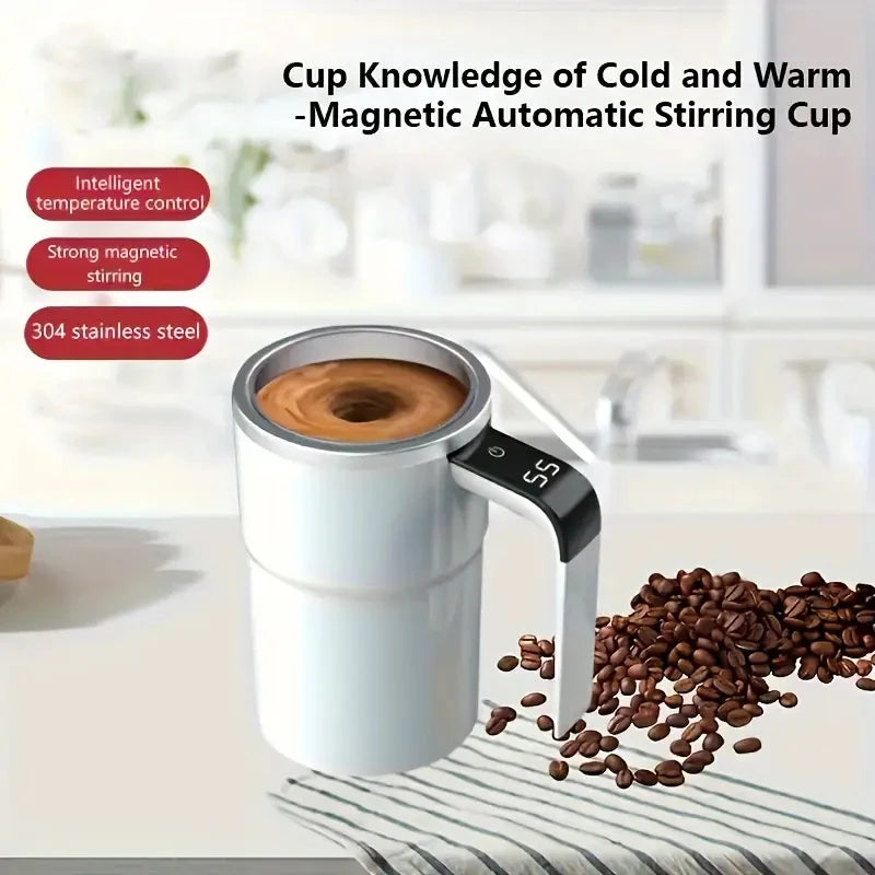 Magnetic automatic stirring cup with coffee and coffee beans on a kitchen counter