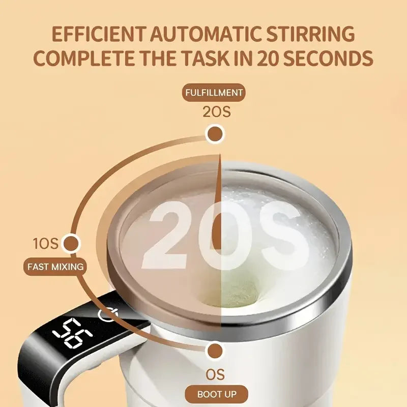 Stirring device with digital display showing mixing time on a beige background