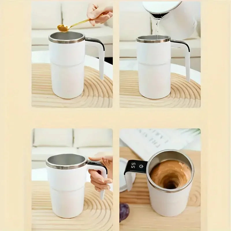 White smart self-stirring coffee mug with LED handle display