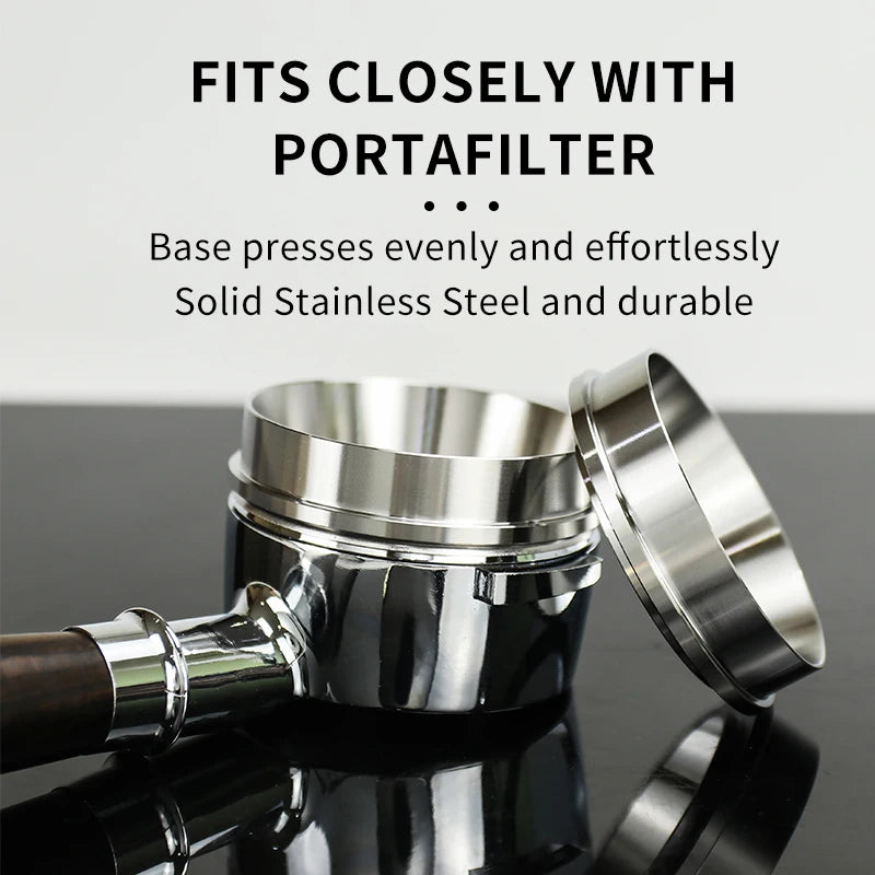 Metallic coffee grinder with text highlighting its compatibility with a portafilter.