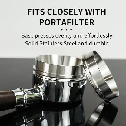 Metallic coffee grinder with text highlighting its compatibility with a portafilter.