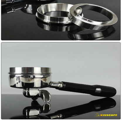 Coffee tamper with black handle on a reflective surface, featuring the Kisscafe brand.
