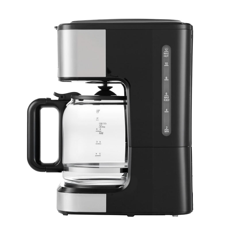 Black and silver coffee maker with glass carafe on a white background