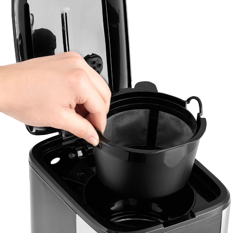Glass carafe beneath the VEVOR coffee maker brew basket