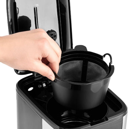 Glass carafe beneath the VEVOR coffee maker brew basket