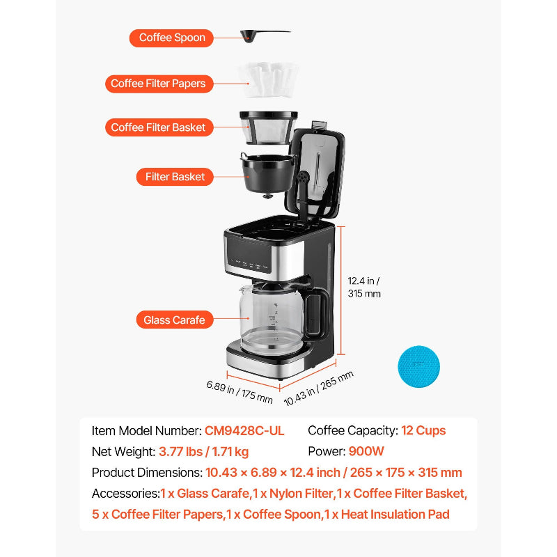 Coffee maker with labeled parts and specifications on a white background