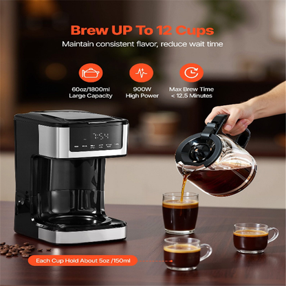 Vevor coffee maker with a person pouring coffee into cups on a wooden table.