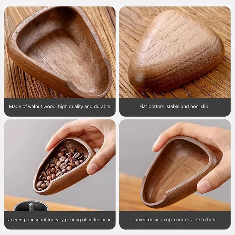 Wooden coffee bean scoop with features highlighted on a wooden surface