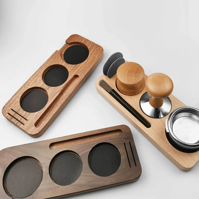 Wooden espresso tamper station and portafilter holder.