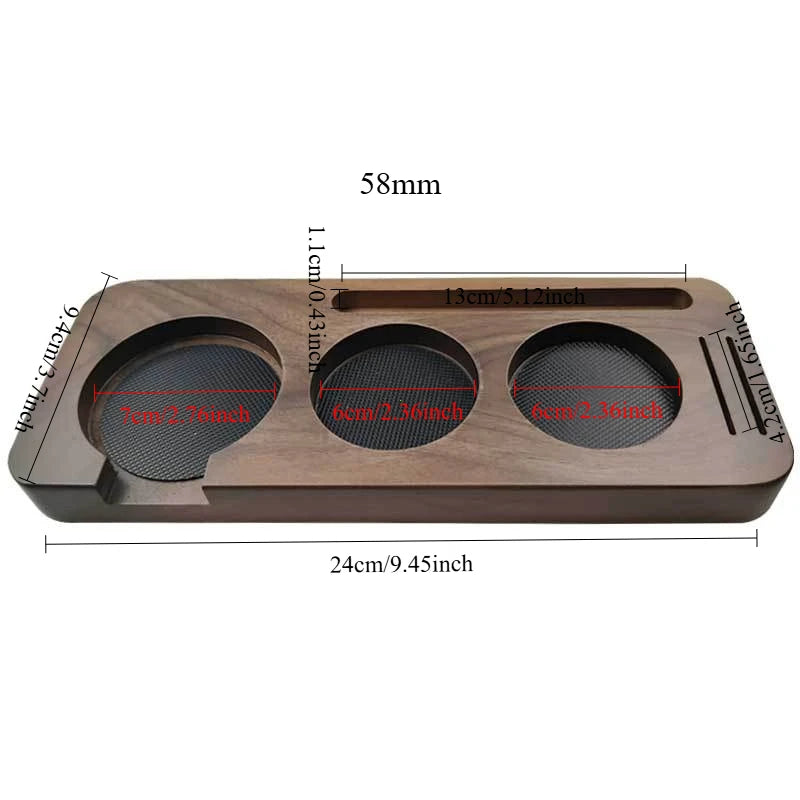 Sapele wood coffee tamper holder for espresso preparation.