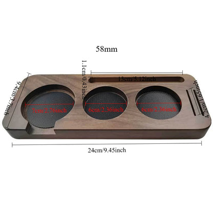 Sapele wood coffee tamper holder for espresso preparation.