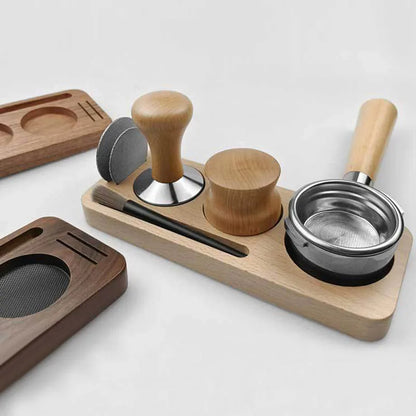 Walnut coffee tamper station for 58mm portafilters.