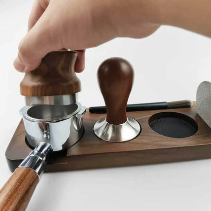 Beech wood espresso tamping station for home baristas.