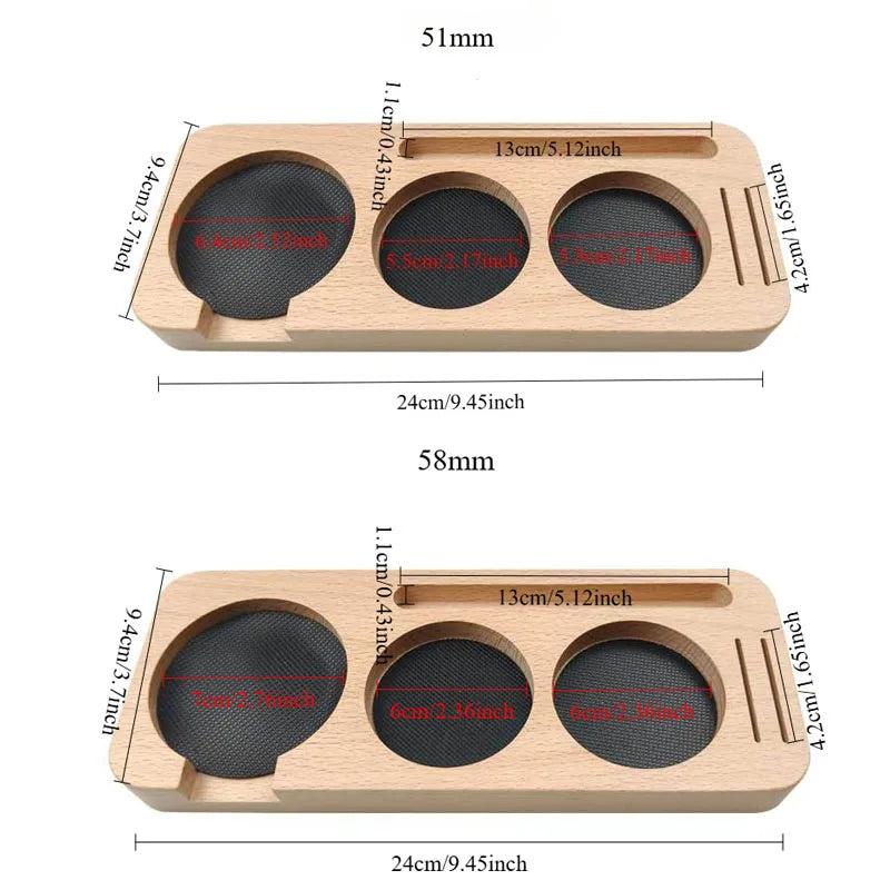 Wooden coffee tamper station designed for 51mm portafilters.