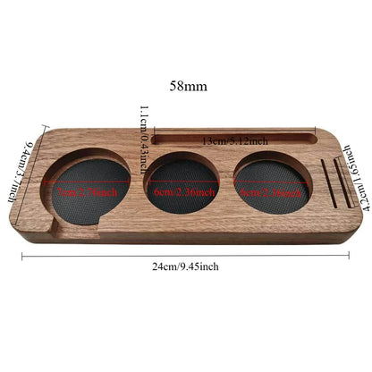 Walnut espresso portafilter holder for home coffee stations.