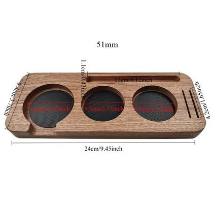 Natural wood coffee tamping station for espresso accessories.