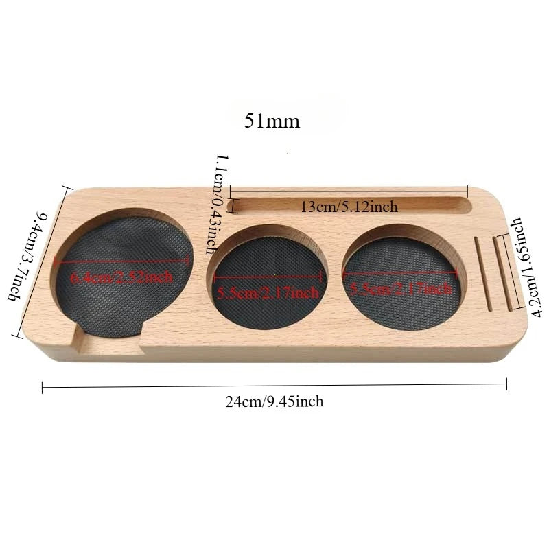 Compact wooden espresso tamper stand for countertops.
