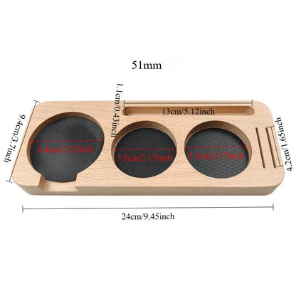 Compact wooden espresso tamper stand for countertops.