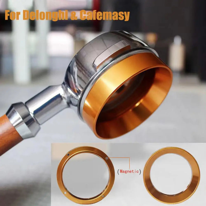 Magnetic coffee dosing ring designed to help prevent ground coffee spills.