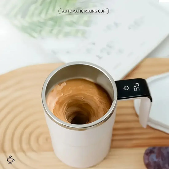 White smart self-stirring coffee mug with LED handle display