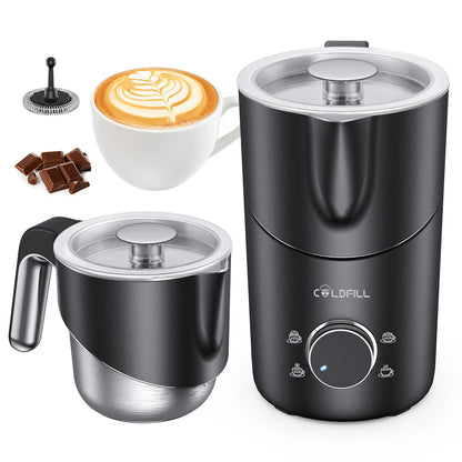 Quiet electric milk frother with automatic shut-off.
